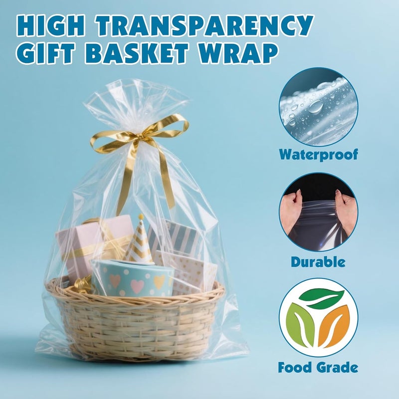 NUITPY 22 Pcs Cellophane Bags, 24 x 30 Inchs Cellophane Wrap for Gift Baskets, Durable Cellophane Gift Bag, Clear Basket Bag - Complimentary 22 Pcs Golden Twist Ties - Image 3